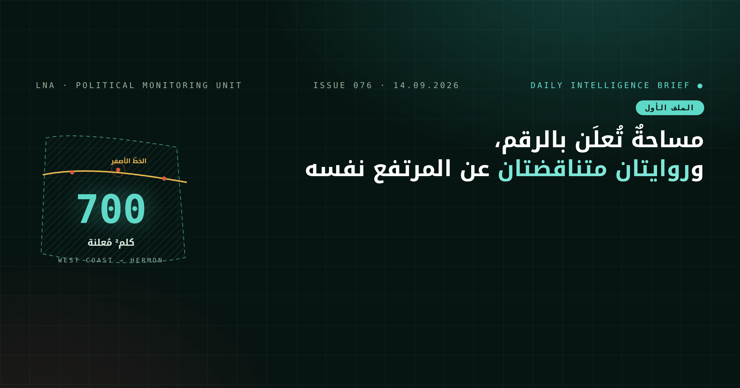 تحديث سياسي &mdash; العدد 076، 14 أيلول 2026: وزير الدفاع الإسرائيلي يعلن «منطقة أمنية» بمساحة 700 كلم² داخل لبنان فيما تتحدّث صحيفة إسرائيلية عن انسحابٍ من مرتفع علي الطاهر (رسم تحريري)