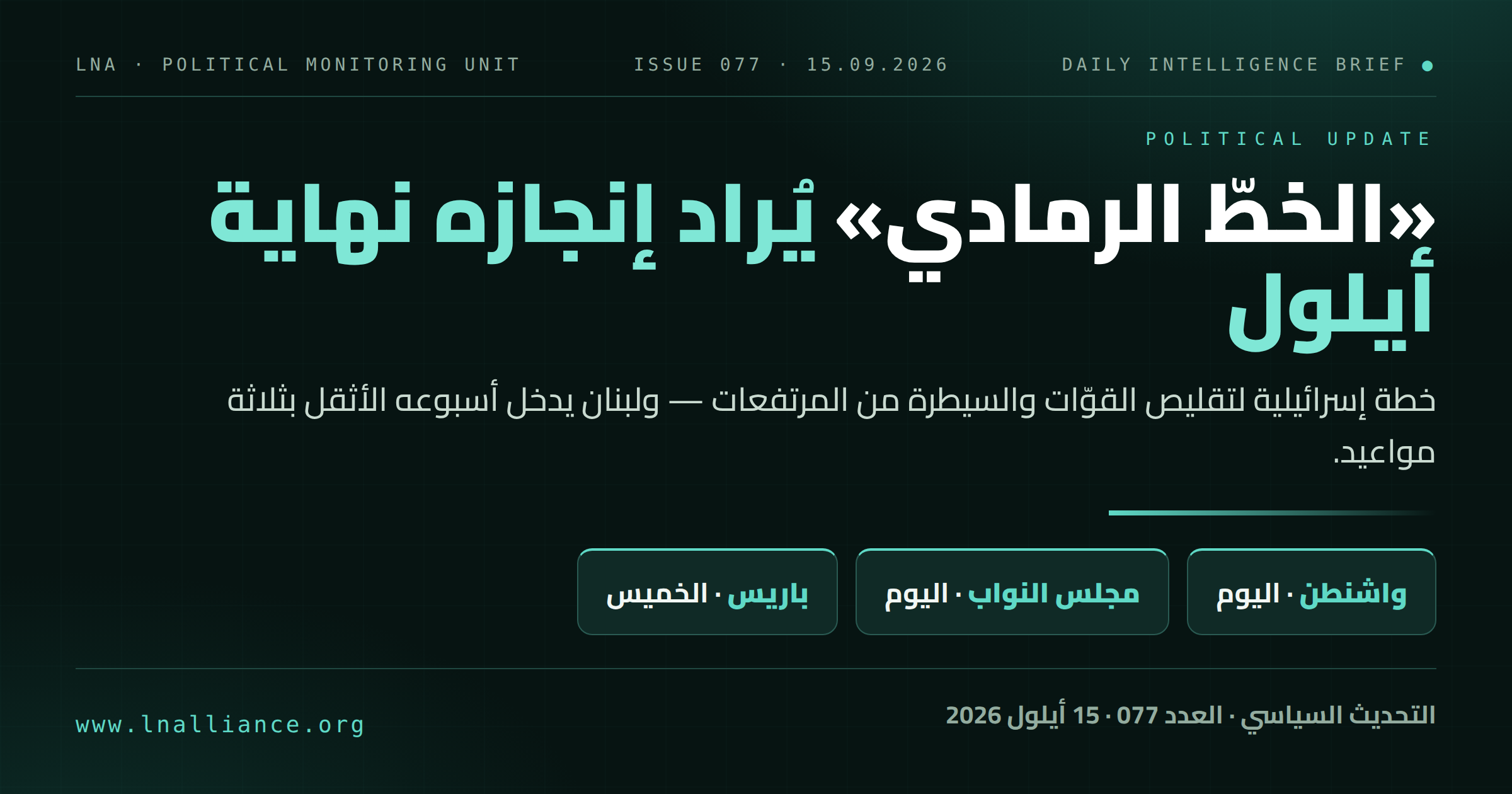 تحديث سياسي &mdash; العدد 077، 15 أيلول 2026: خطة «الخطّ الرمادي» الإسرائيلية يُراد إنجازها نهاية أيلول، ولبنان أمام ثلاثة مواعيد: واشنطن ومجلس النواب اليوم وباريس الخميس (رسم تحريري)