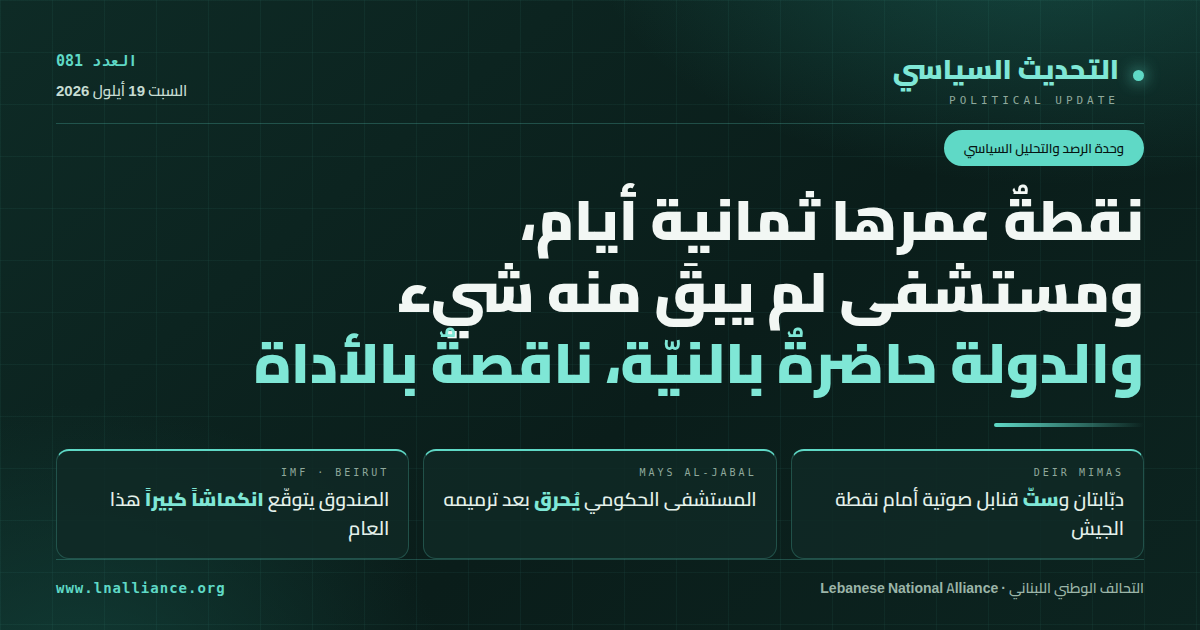 تحديث سياسي — العدد 081، 19 أيلول 2026: دبّابتان إسرائيليتان وستّ قنابل صوتية أمام نقطة مراقبة للجيش اللبناني في دير ميماس، وإحراق مستشفى ميس الجبل الحكومي، وصندوق النقد يتوقّع انكماشاً كبيراً في 2026 (رسم تحريري)