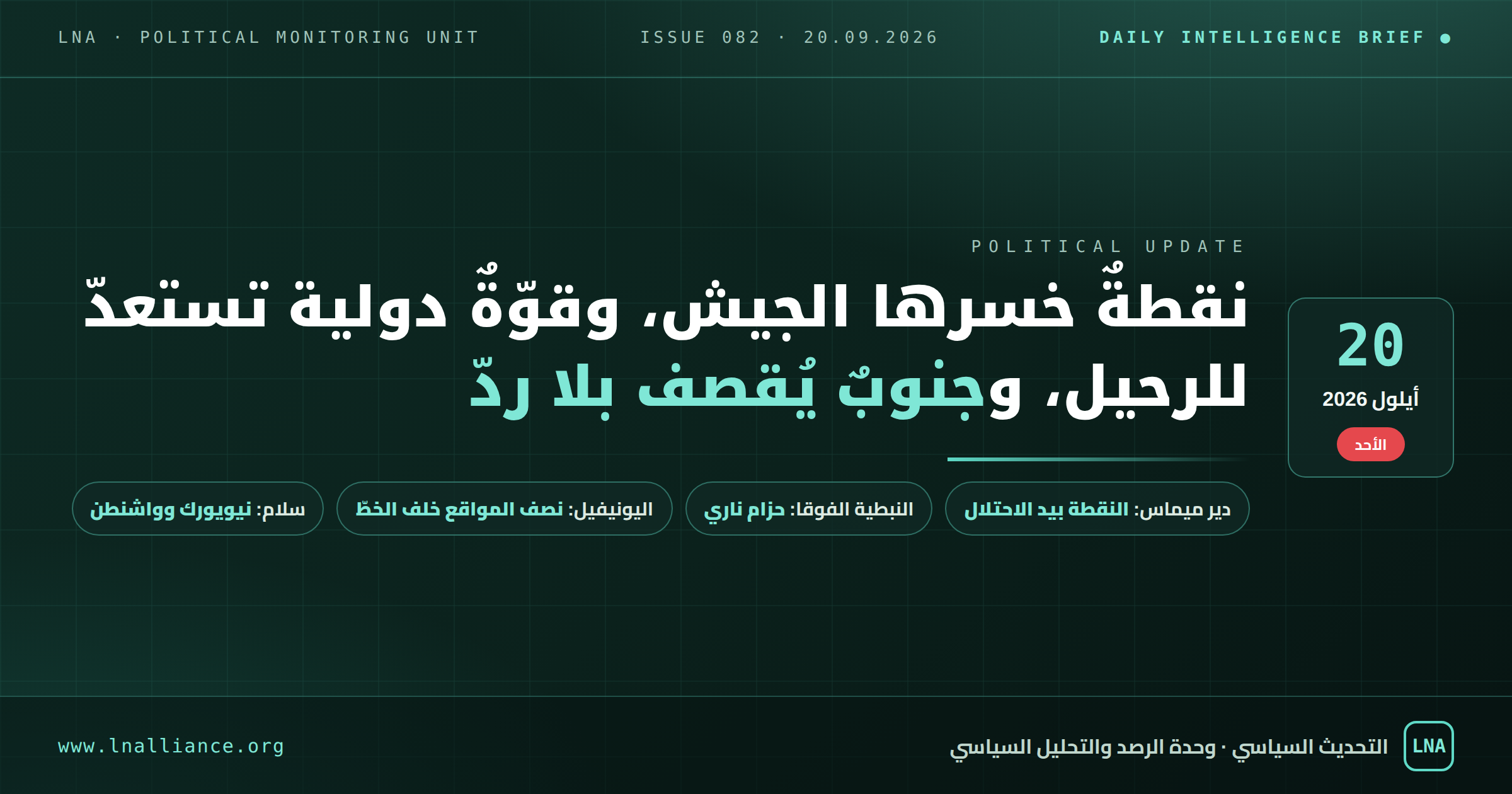 تحديث سياسي — العدد 082، 20 أيلول 2026: الجيش الإسرائيلي يسيطر على نقطة الجيش اللبناني في دير ميماس، وحزام ناري على النبطية الفوقا بعد عبوة أصابت جنديين إسرائيليين، وقائد «اليونيفيل» يعلن الاستعداد للانسحاب نهاية العام، وسلام إلى نيويورك وواشنطن (رسم تحريري)