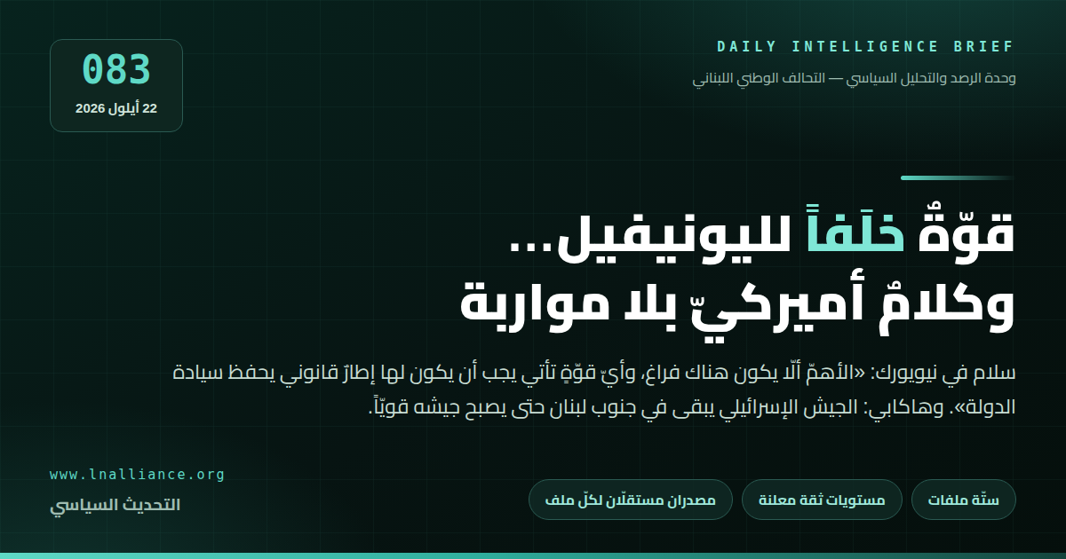 تحديث سياسي — العدد 083، 22 أيلول 2026: سلام يطلب قوّة خلَفاً لليونيفيل بإطار قانوني، وهاكابي يقول إنّ الجيش الإسرائيلي يبقى في الجنوب حتى يقوى الجيش اللبناني