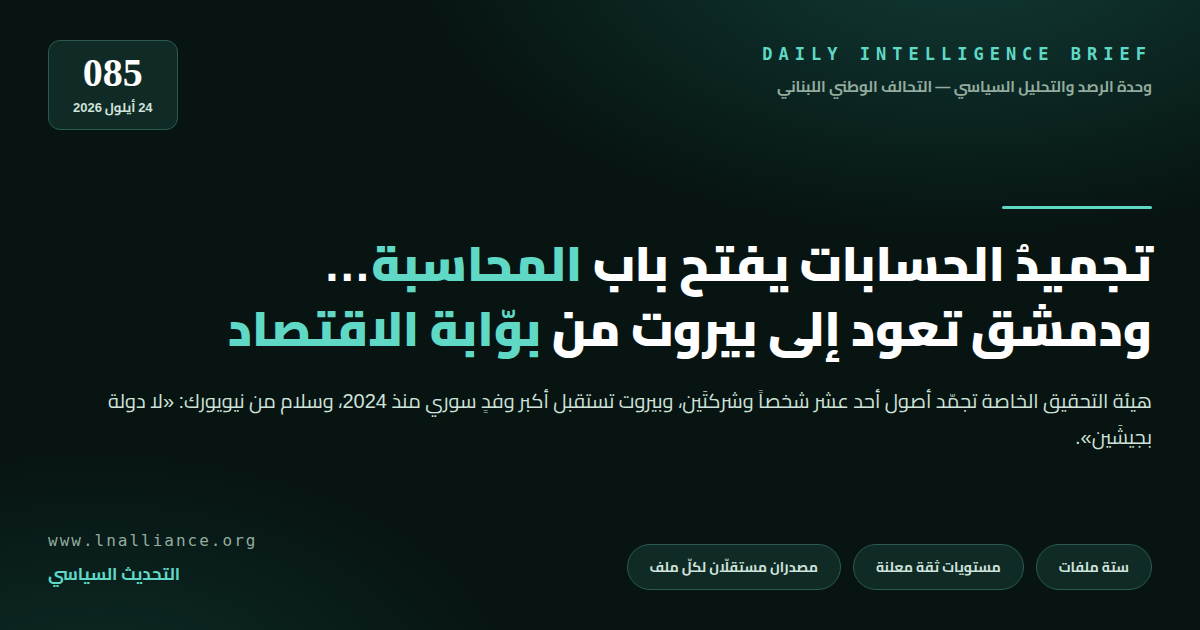 تحديث سياسي — العدد 085، 24 أيلول 2026: هيئة التحقيق الخاصة تجمّد أصول أحد عشر شخصاً وشركتين، وبيروت تستقبل أكبر وفد سوري منذ 2024، وسلام من نيويورك: لا دولة بجيشين