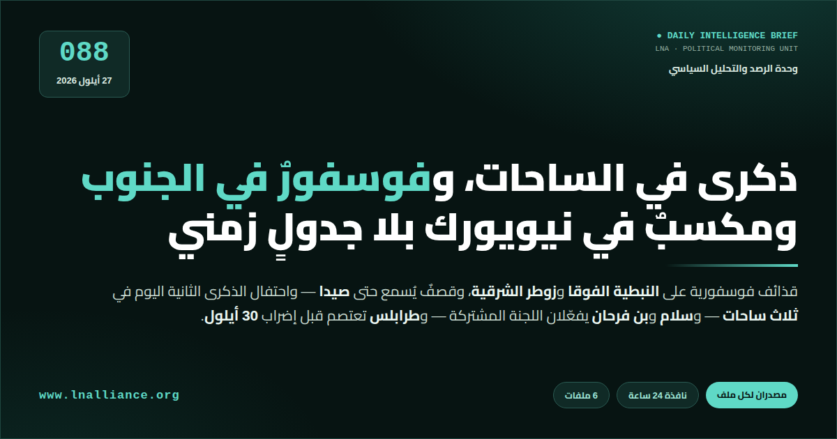 تحديث سياسي — العدد 088، 27 أيلول 2026: قذائف فوسفورية على النبطية الفوقا وزوطر الشرقية، وحزب الله يحيي اليوم الذكرى الثانية لاغتيال نصر الله وصفي الدين، وسلام وبن فرحان يفعّلان اللجنة المشتركة في نيويورك، وطرابلس تعتصم قبل إضراب 30 أيلول