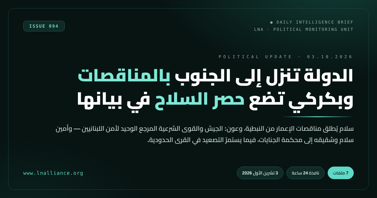 تحديث سياسي &mdash; العدد 094، 3 تشرين الأول 2026: سلام يطلق مناقصات إعادة الإعمار من النبطية، وعون يؤكّد أنّ الجيش والقوى الشرعية المرجع الوحيد لأمن اللبنانيين، وبكركي تدعو إلى حصر السلاح بيد الدولة، وأمين سلام وشقيقه إلى محكمة الجنايات، واستمرار التصعيد الإسرائيلي في القرى الحدودية