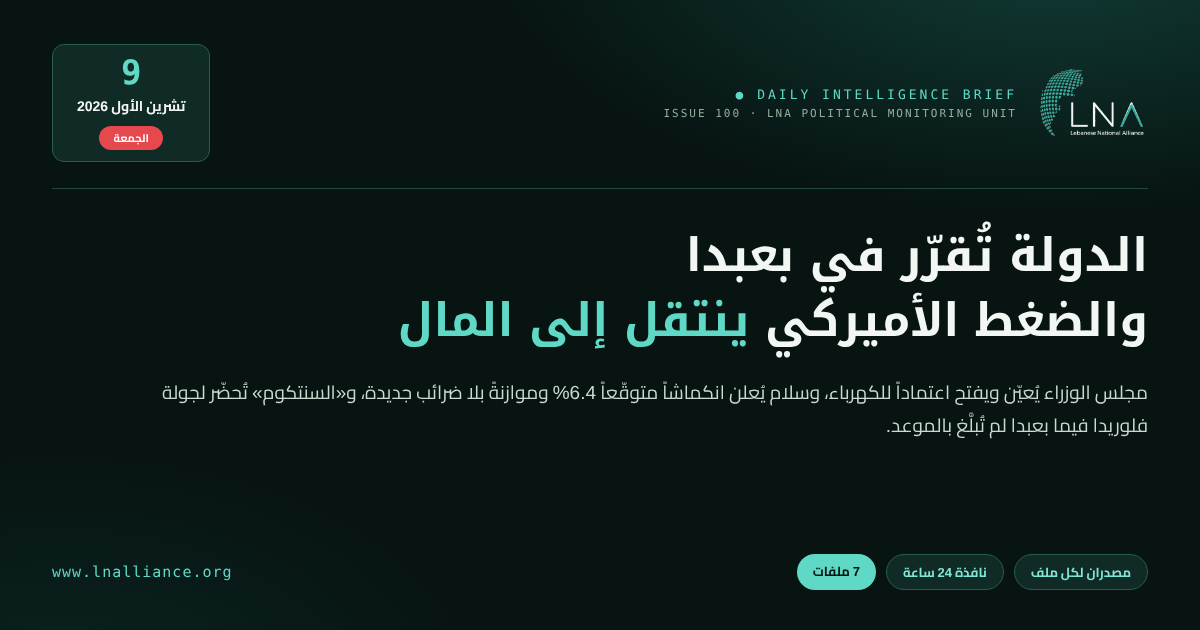تحديث سياسي &mdash; العدد 100، 9 تشرين الأول 2026: مجلس الوزراء يجدّد ولاية بسام بدران لرئاسة الجامعة اللبنانية ويفتح اعتماداً للكهرباء، وسلام يعلن انكماشاً متوقّعاً 6.4% وموازنة 2027 بلا ضرائب جديدة، و«السنتكوم» تحضّر لجولة فلوريدا فيما بعبدا لم تُبلَّغ بالموعد، وضغط أميركي مالي لوقف «بنك صادرات إيران»