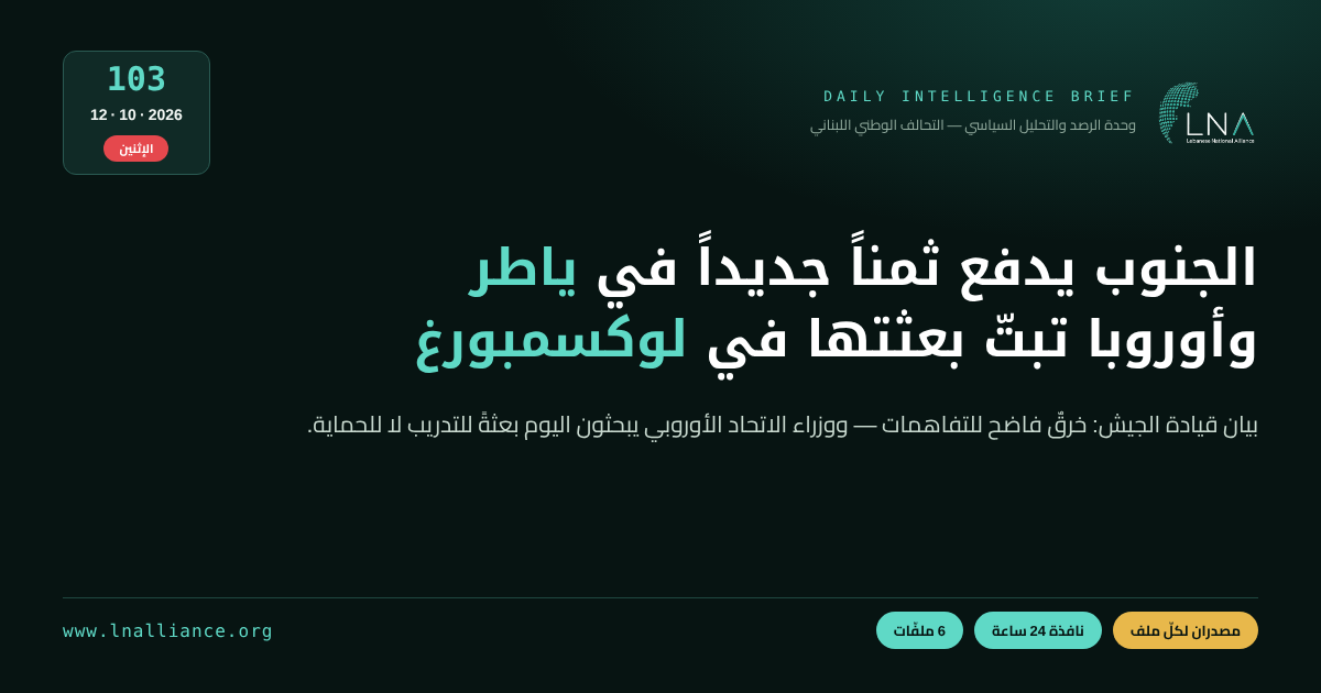 تحديث سياسي &mdash; العدد 103، 12 تشرين الأول 2026: استشهاد عسكري متقاعد في ياطر وبيان قيادة الجيش عن خرق فاضح للتفاهمات، ووزراء خارجية الاتحاد الأوروبي يبتّون اليوم في لوكسمبورغ بعثةً مدنية &ndash; عسكرية للبنان ليست بديلاً من اليونيفيل، وزيارة مرتقبة لجان بيار لاكروا إلى بعبدا بلا موعد مثبت لتامبا، والقضاء العسكري يوسّع التحقيق في شحنة ضهر البيدر، وبري يدعو إلى سلاح الوحدة الوطنية وصيغة BOT للكهرباء، وتمديد إغلاق مطار الرياض