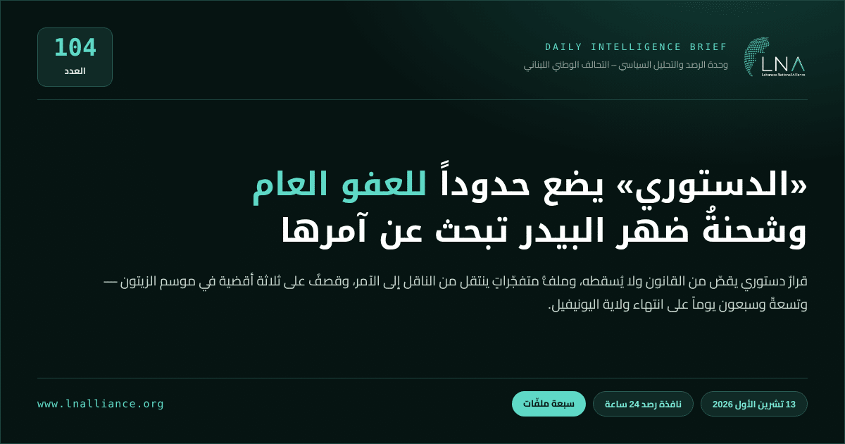 تحديث سياسي &mdash; العدد 104، 13 تشرين الأول 2026: المجلس الدستوري يقبل الطعن بقانون العفو العام جزئياً ويبطل نصوصاً ويفرض تحفظات تفسيرية ملزمة، وملفّ شحنة ضهر البيدر ينتقل من الموقوفَين إلى الآمر، وانفجار ذخيرة عنقودية في رحلة مدرسية قرب الحدود يثير قلقاً لبنانياً من ردّ إسرائيلي، وقصفٌ في موسم الزيتون جنوباً مع بقاء تسعة وسبعين يوماً على انتهاء ولاية اليونيفيل، وزيارة مرتقبة لرئيس وزراء قطر، والرياض تحت الصواريخ لليوم الثالث مع تمديد إقفال مطار الملك خالد حتى السبت