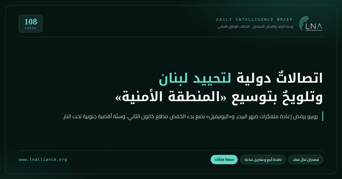 تحديث سياسي &mdash; العدد 108، 17 تشرين الأول 2026: اتصالاتٌ دولية مكثّفة لتحييد لبنان عن أيّ تصعيدٍ إقليمي، وروبيو يبلغ عون رفض إعادة متفجّرات ضهر البيدر والمطالبة بمحاسبة من أمر بالشحنة وموّلها، وعون يطلب الضغط على إسرائيل لوقف الاعتداءات ووقف الجرف وتمكين المزارعين، وتلويحٌ إسرائيلي بتوسيع «المنطقة الأمنية» إلى النبطية والليطاني، و«اليونيفيل» تقول إنّ الخفض يبدأ في مطلع كانون الثاني 2027 ولن تنسحب بين ليلة وضحاها، واقتلاع أشجار زيتون في كفرشوبا وستّة أقضية جنوبية تحت القصف والتفجيرات، ومداهمة مستودع أدوية غير صالحة في غاليري سمعان وختمه بالشمع الأحمر، وثلاث رواياتٍ متباينة لحوادث ناقلات قرب مضيق هرمز