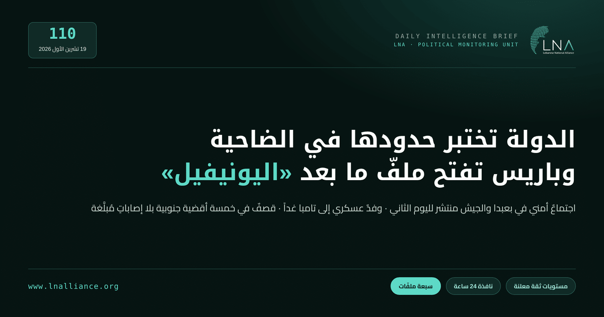 تحديث سياسي &mdash; العدد 110، 19 تشرين الأول 2026: الجيش اللبناني يواصل انتشاره المعزَّز في بيروت والضاحية الجنوبية بعد مداهمة مستودع الأدوية في غاليري سمعان واجتماعٌ أمني في بعبدا، ورئيس الحكومة نواف سلام يقول إنّ سقف الإجراءات هو القانون فيما يحمّل النائب حسن فضل الله الدولة مسؤولية المواجهة، ووزير الخارجية الفرنسي جان نويل بارو في بعبدا والسراي وعين التينة لبحث ترتيبات ما بعد «اليونيفيل» قبل ثلاثةٍ وسبعين يوماً من انتهاء الولاية، ووفدٌ عسكري لبناني إلى اجتماع تامبا الثلاثي في فلوريدا في 20 تشرين الأول حاملاً مطالب وقف التصعيد، ونارٌ إسرائيلية تعزل قرى الحافة الأمامية خارج «الخط الأصفر» وقصفٌ وتفجيرات في خمسة أقضية جنوبية، ووزير الخارجية يوسف رجّي يسمّي إيران من بغداد في الدورة 52 لمنظمة التعاون الإسلامي، والبرلمان المصري يؤجّل التصويت على تفويض الدفاع عن السعودية، وعرضٌ إيراني بإعادة فتح مضيق هرمز خلال ستة أيام