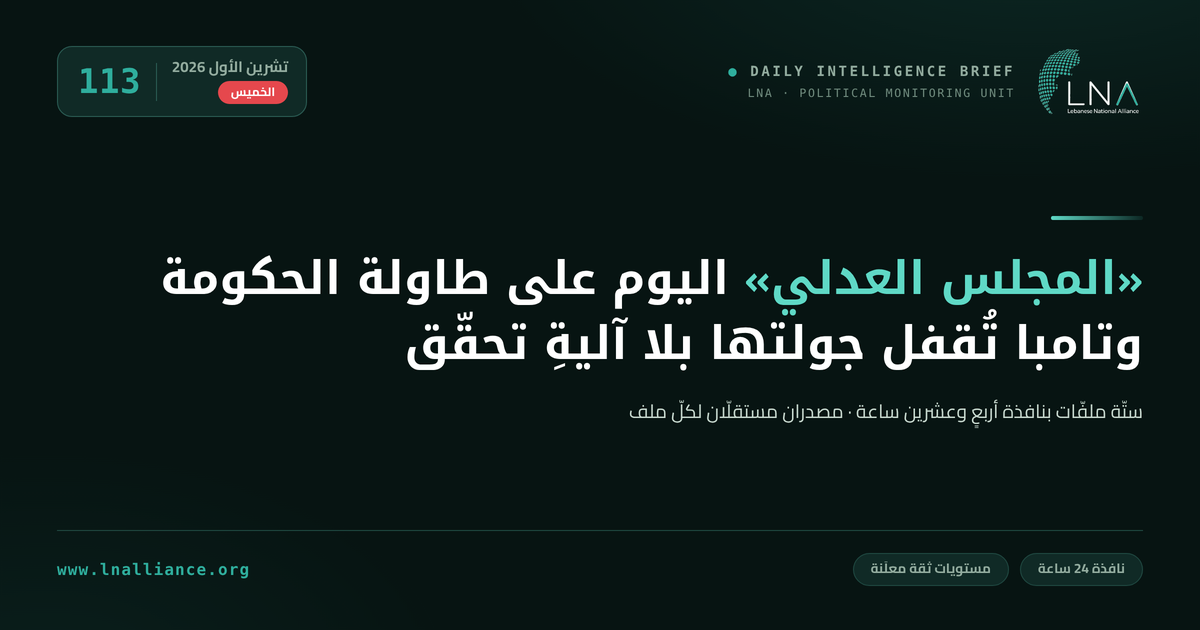 تحديث سياسي &mdash; العدد 113، 22 تشرين الأول 2026: جلسة مجلس الوزراء وإحالة ملفّ المتفجّرات إلى «المجلس العدلي»، وختام جولة تامبا العسكرية بلا آلية تحقّق