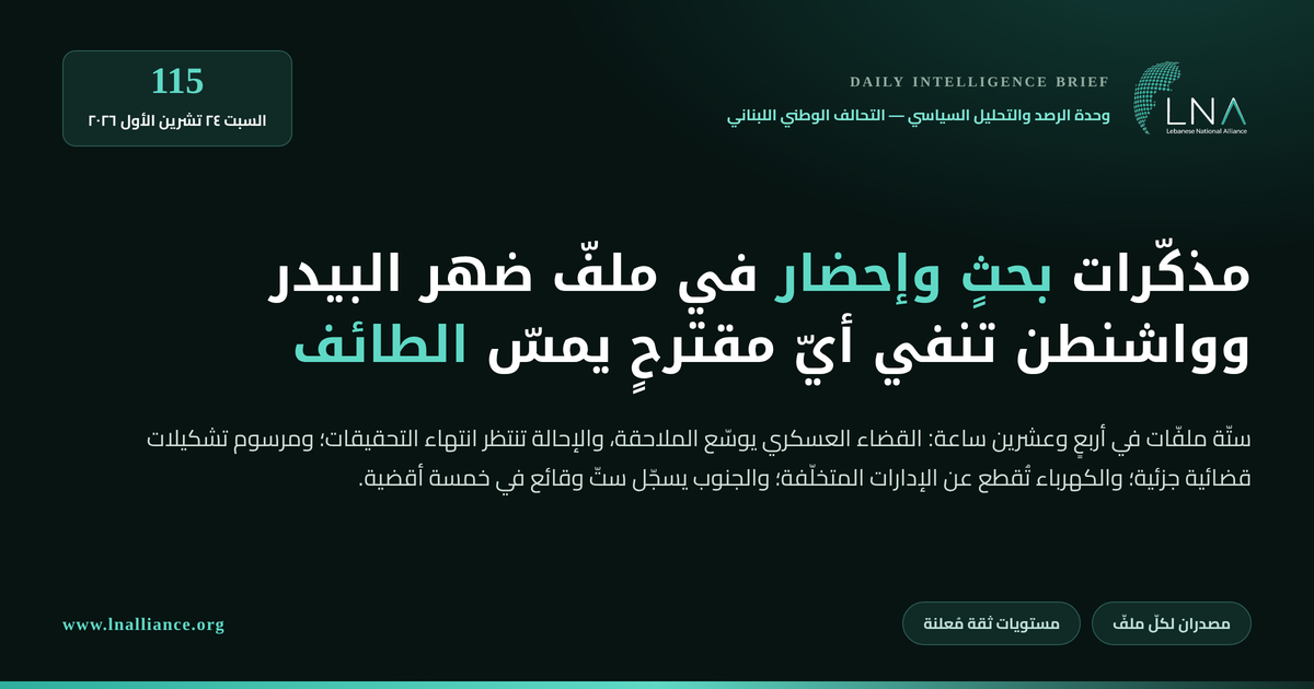 تحديث سياسي &mdash; العدد 115، 24 تشرين الأول 2026: مذكّرات بحثٍ وإحضار في ملفّ متفجّرات ضهر البيدر، وواشنطن تنفي أيّ مقترحٍ يمسّ الطائف